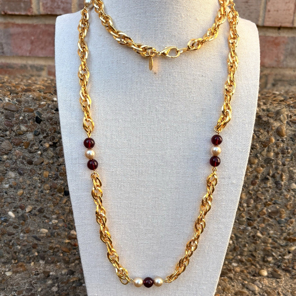 Vintage Joan Rivers Gold Tone Link Necklace w/ Faux Pearls & Red Glass Beads 36"